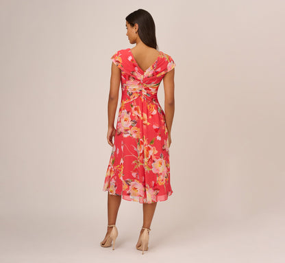Floral Print Midi Dress With Twist Neckline In Coral Multi