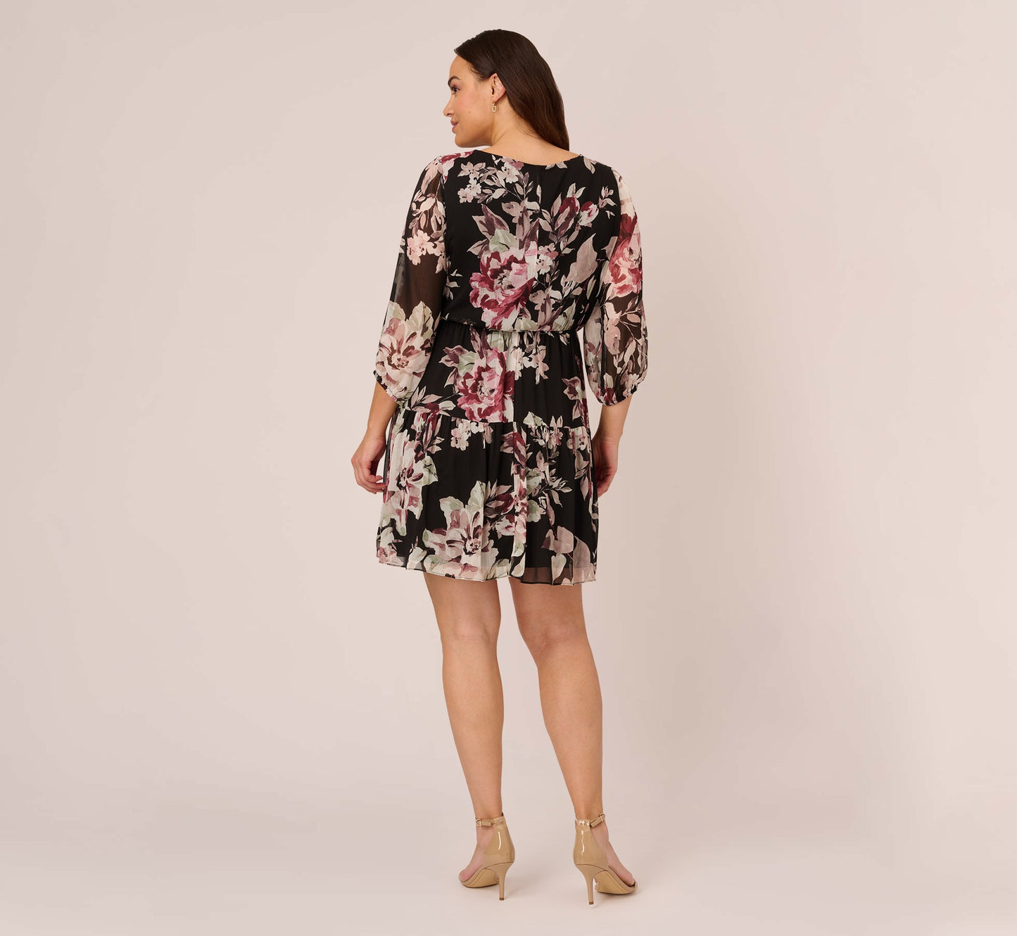 Plus Size Floral Chiffon Dress With Three Quarter Length Sleeves In Black Multi