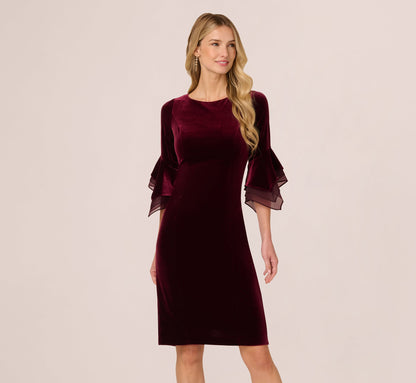 Velvet Sheath Dress With Tiered Three Quarter Sleeves In Bordeaux