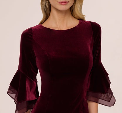 Velvet Sheath Dress With Tiered Three Quarter Sleeves In Bordeaux