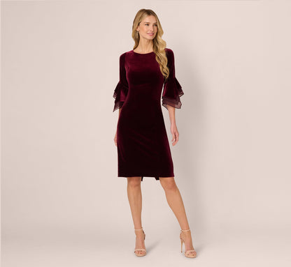 Velvet Sheath Dress With Tiered Three Quarter Sleeves In Bordeaux