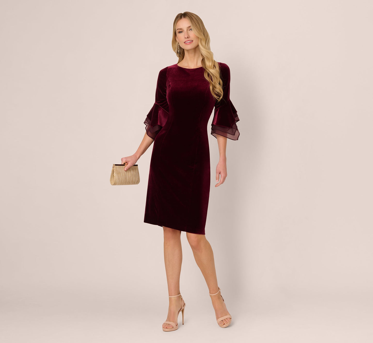 Velvet Sheath Dress With Tiered Three Quarter Sleeves In Bordeaux