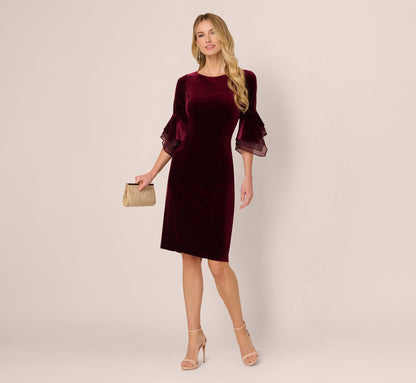 Velvet Sheath Dress With Tiered Three Quarter Sleeves In Bordeaux