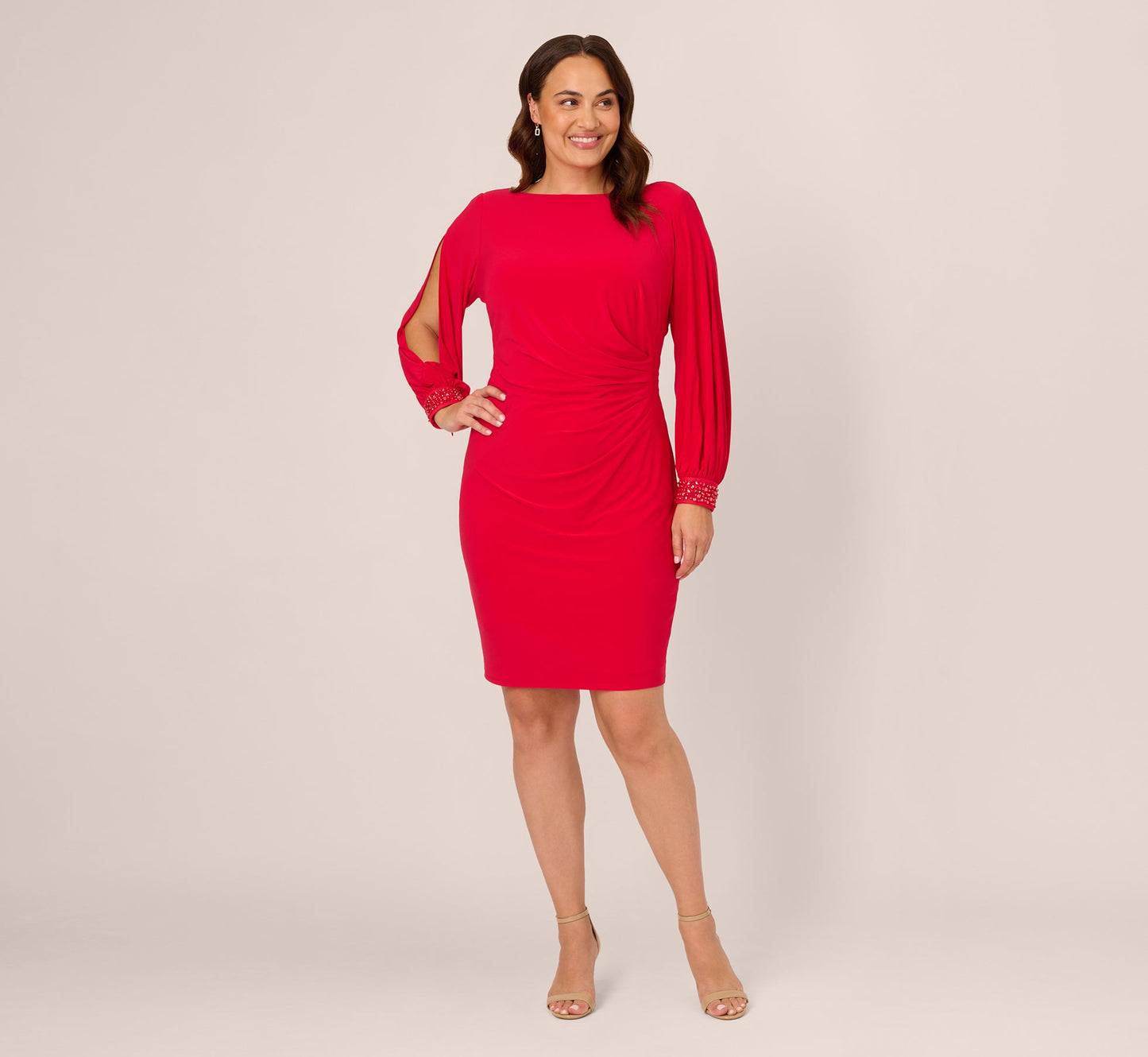 Plus Size Long Sleeve Draped Jersey Dress With Beaded Cuffs In Hot Ruby
