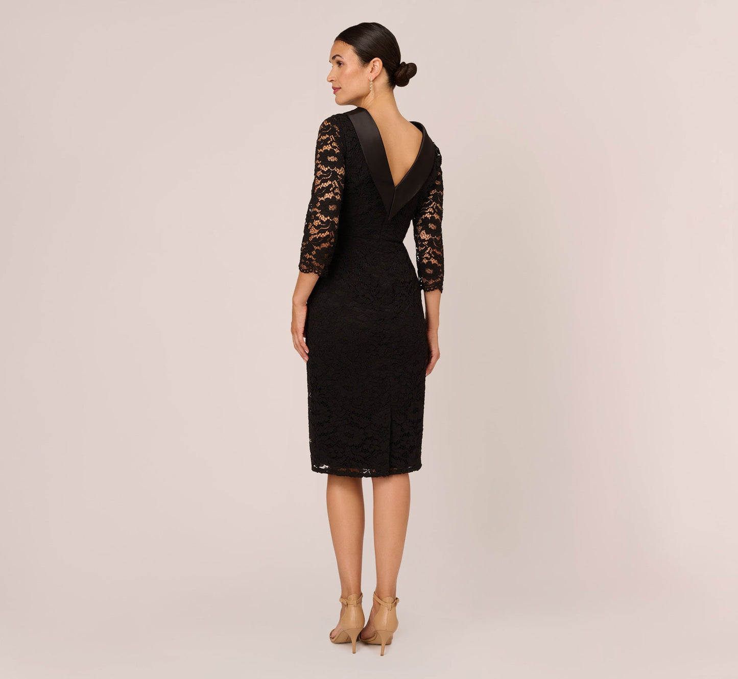 Roll Neck Lace Dress With Sheer Elbow Sleeves In Black