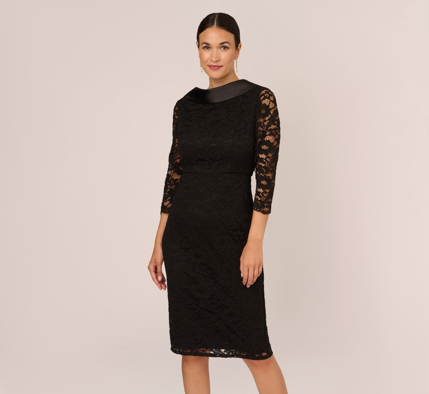 Roll Neck Lace Dress With Sheer Elbow Sleeves In Black