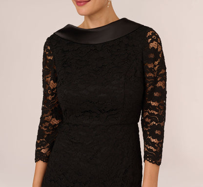 Roll Neck Lace Dress With Sheer Elbow Sleeves In Black