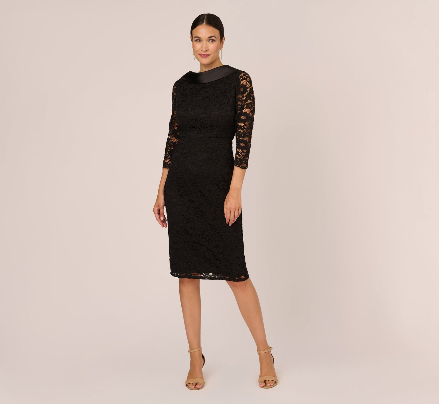 Roll Neck Lace Dress With Sheer Elbow Sleeves In Black