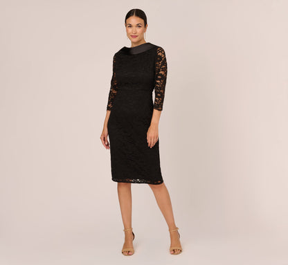 Roll Neck Lace Dress With Sheer Elbow Sleeves In Black