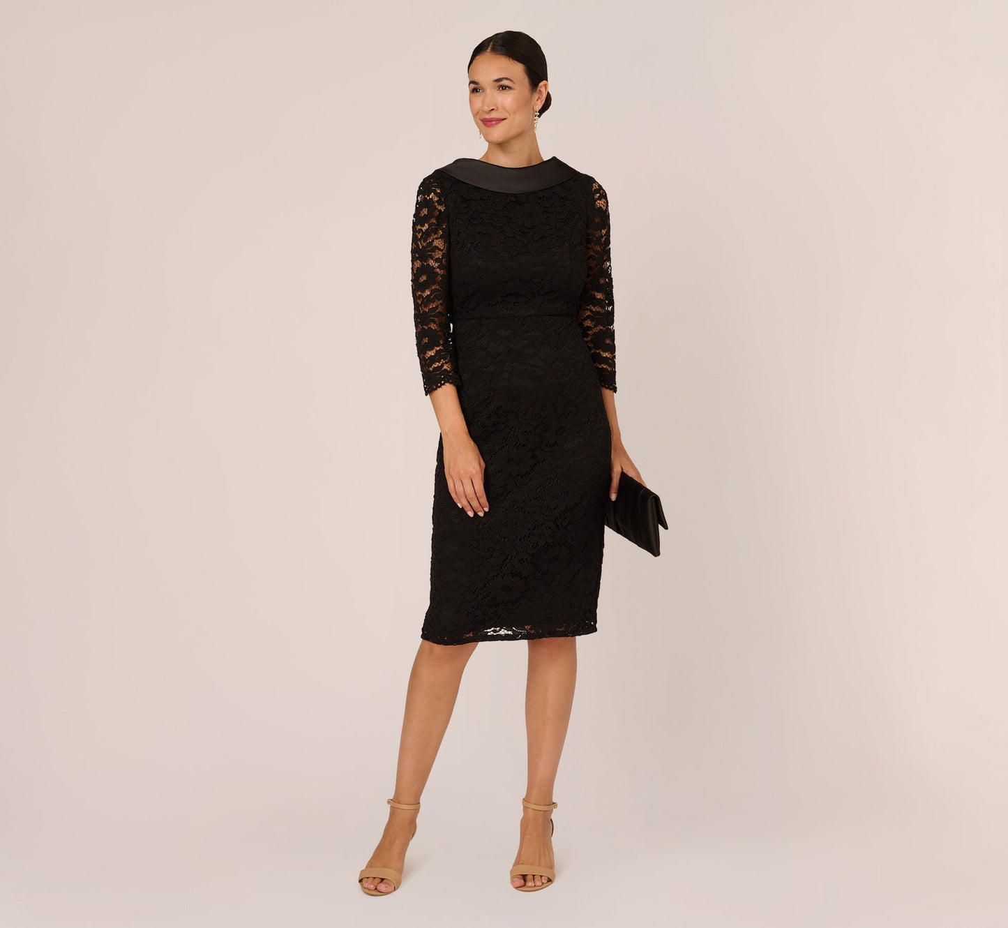 Roll Neck Lace Dress With Sheer Elbow Sleeves In Black