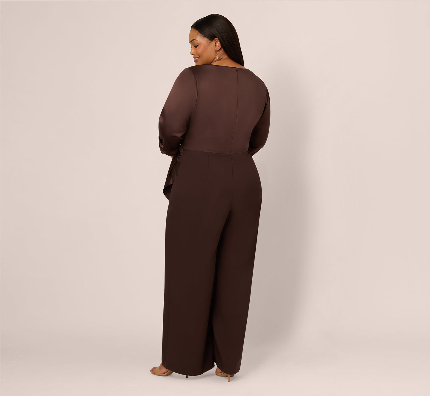 Plus Size Satin Crepe Three Quarter Sleeve Jumpsuit With Buckle Waist In Dark Brown
