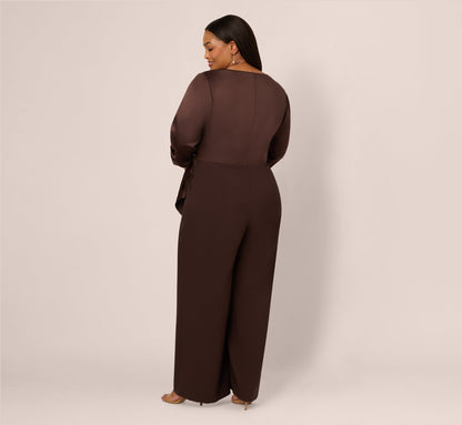 Plus Size Satin Crepe Three Quarter Sleeve Jumpsuit With Buckle Waist In Dark Brown