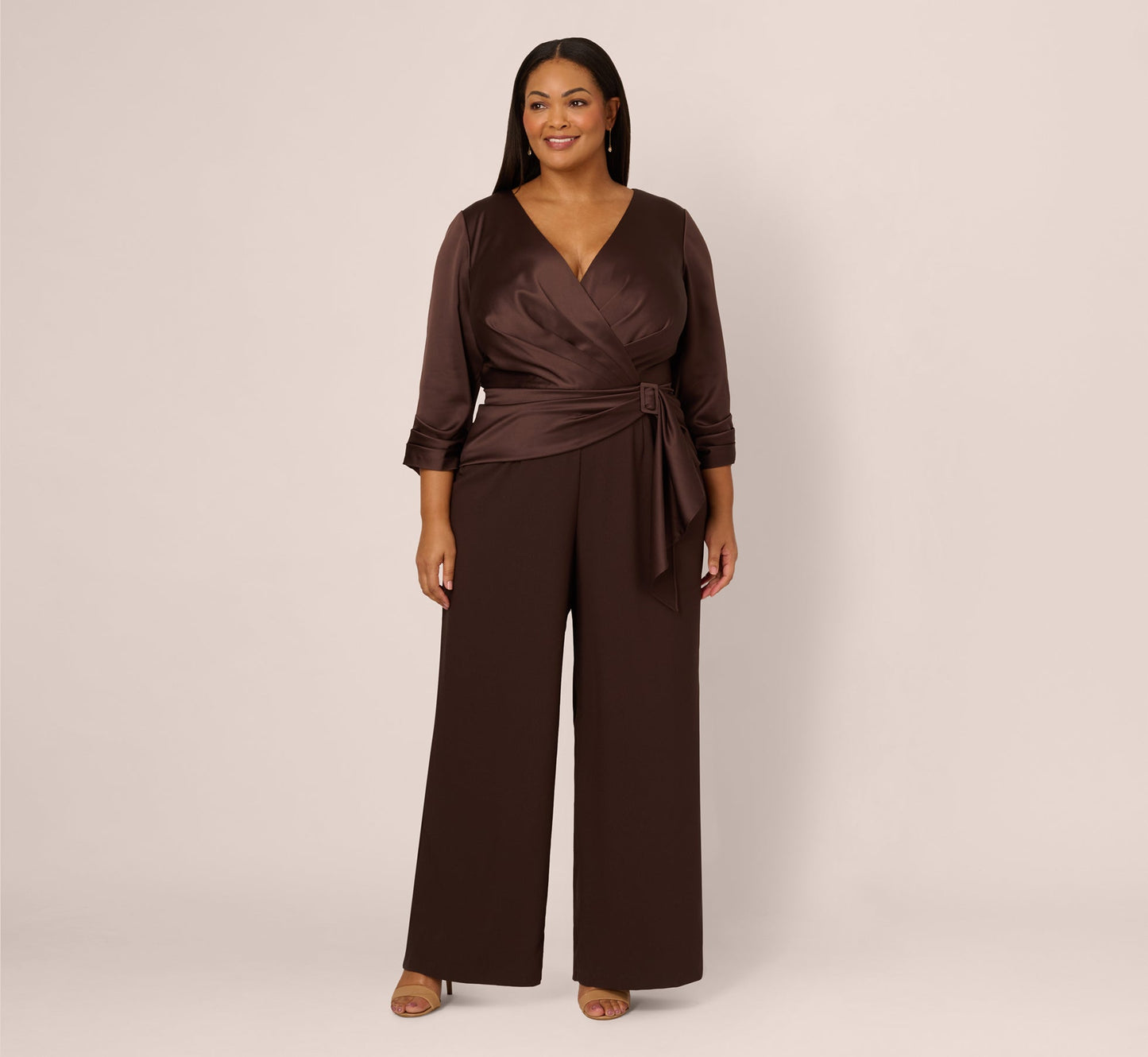 Plus Size Satin Crepe Three Quarter Sleeve Jumpsuit With Buckle Waist In Dark Brown