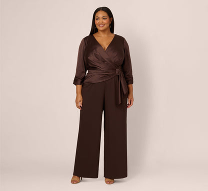 Plus Size Satin Crepe Three Quarter Sleeve Jumpsuit With Buckle Waist In Dark Brown