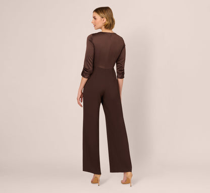 Satin Crepe Three Quarter Sleeve Jumpsuit With Buckle Waist In Dark Brown