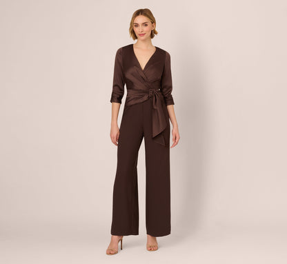 Satin Crepe Three Quarter Sleeve Jumpsuit With Buckle Waist In Dark Brown