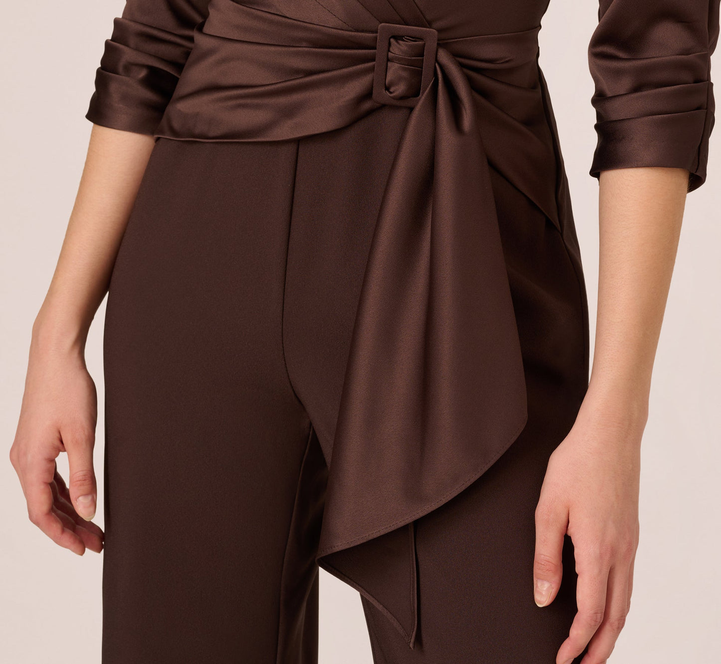 Satin Crepe Three Quarter Sleeve Jumpsuit With Buckle Waist In Dark Brown