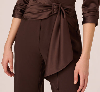 Satin Crepe Three Quarter Sleeve Jumpsuit With Buckle Waist In Dark Brown