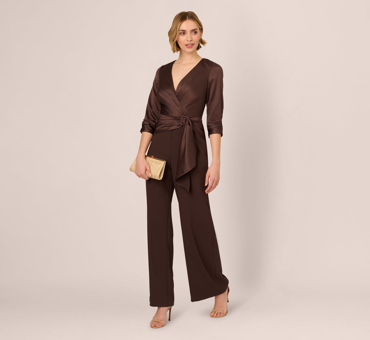 Satin Crepe Three Quarter Sleeve Jumpsuit With Buckle Waist In Dark Brown