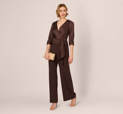 Satin Crepe Three Quarter Sleeve Jumpsuit With Buckle Waist In Dark Brown
