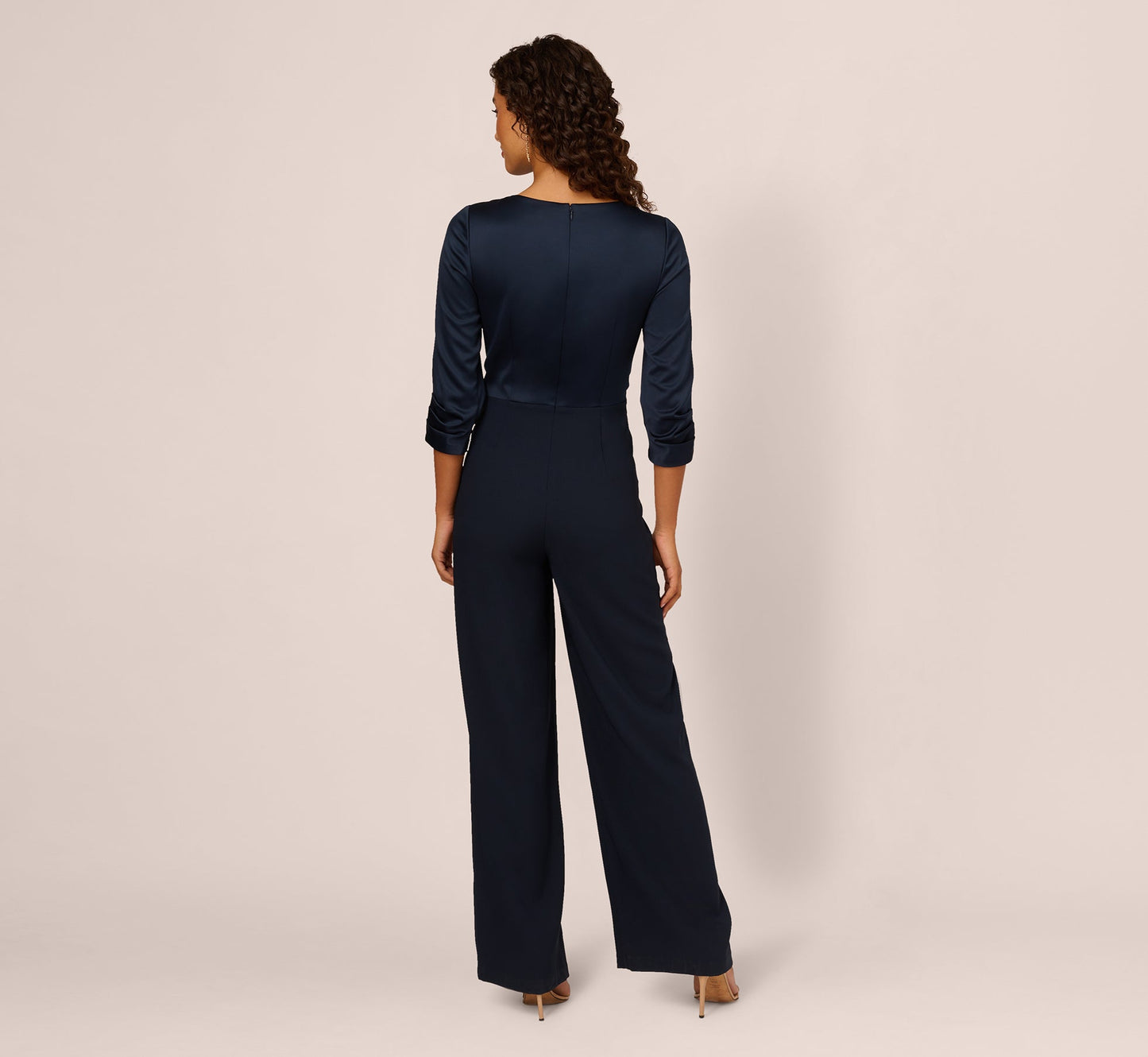 Satin Crepe Three Quarter Sleeve Jumpsuit With Buckle Waist In Dark Navy