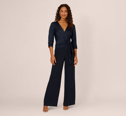 Satin Crepe Three Quarter Sleeve Jumpsuit With Buckle Waist In Dark Navy