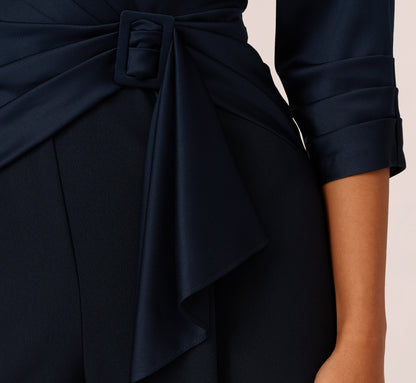 Satin Crepe Three Quarter Sleeve Jumpsuit With Buckle Waist In Dark Navy