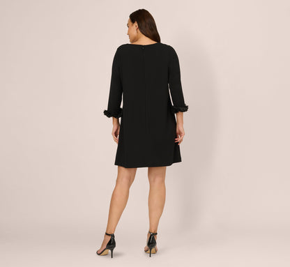 Plus Size Three Quarter Sleeve Shift Dress With Floral Embellished Cuffs In Black