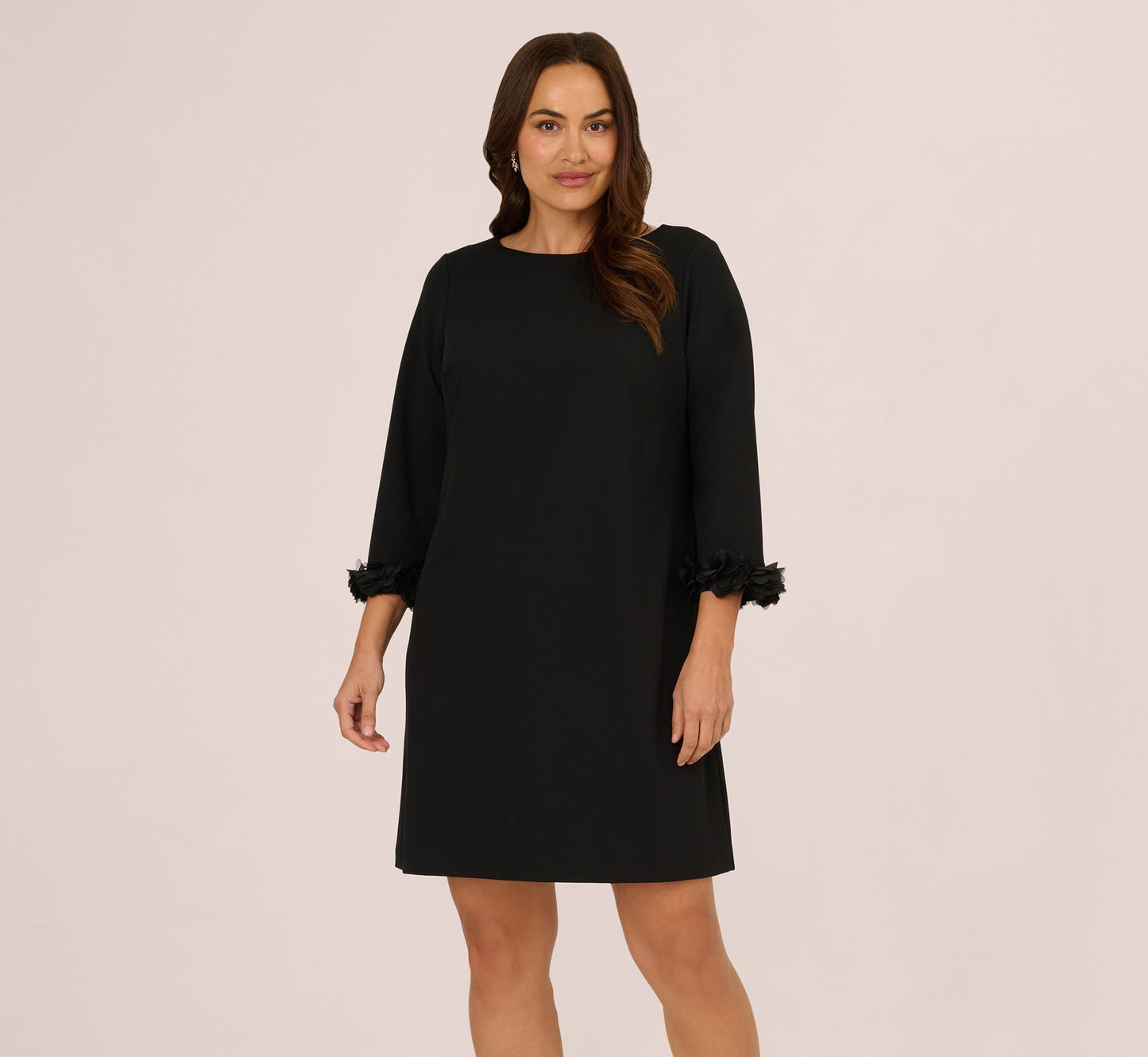 Plus Size Three Quarter Sleeve Shift Dress With Floral Embellished Cuffs In Black