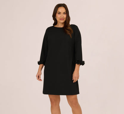 Plus Size Three Quarter Sleeve Shift Dress With Floral Embellished Cuffs In Black