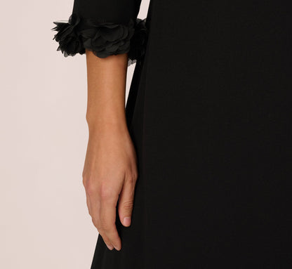 Plus Size Three Quarter Sleeve Shift Dress With Floral Embellished Cuffs In Black