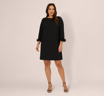 Plus Size Three Quarter Sleeve Shift Dress With Floral Embellished Cuffs In Black