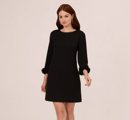 Three Quarter Sleeve Shift Dress With Floral Embellished Cuffs In Black