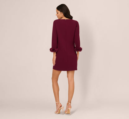 Three Quarter Sleeve Shift Dress With Floral Embellished Cuffs In Cabernet
