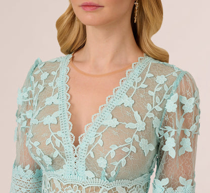 Lace Embroidered V Neck Dress With Elbow Sleeves In Airy Aqua