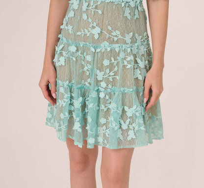 Lace Embroidered V Neck Dress With Elbow Sleeves In Airy Aqua