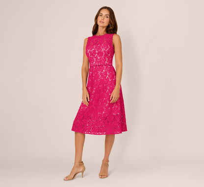 Sleeveless Lace Fit And Flare Dress With Sheer Details In Tropical Pink