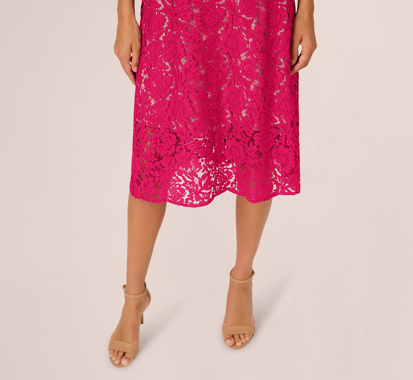 Sleeveless Lace Fit And Flare Dress With Sheer Details In Tropical Pink