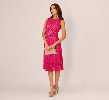 Sleeveless Lace Fit And Flare Dress With Sheer Details In Tropical Pink