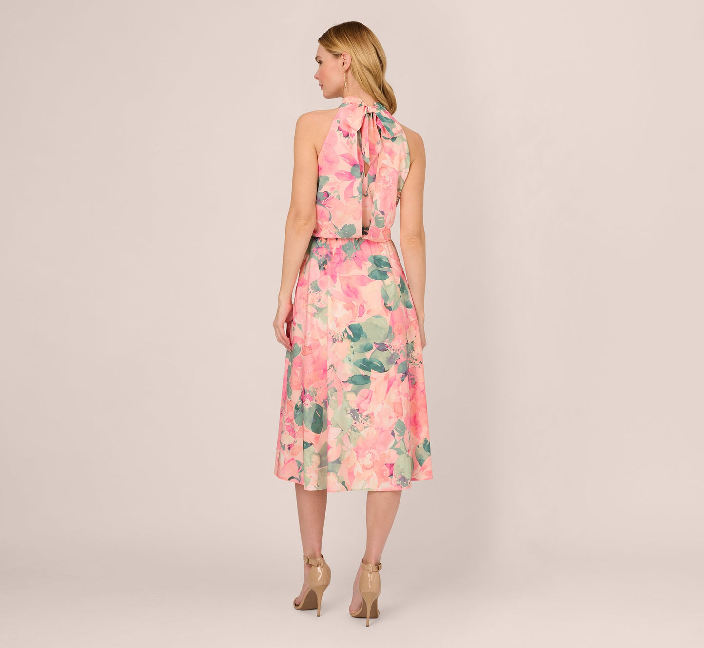 Floral Print Chiffon Halter Dress With Mock Neck In Blush Multi