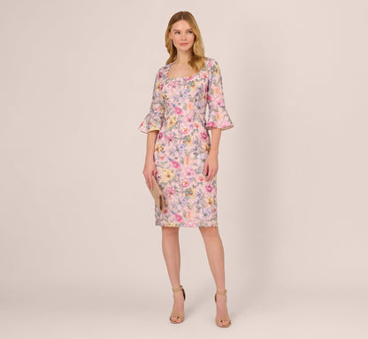 Floral Embroidered Sheath Dress With Three Quarter Bell Sleeves In Blush Multi