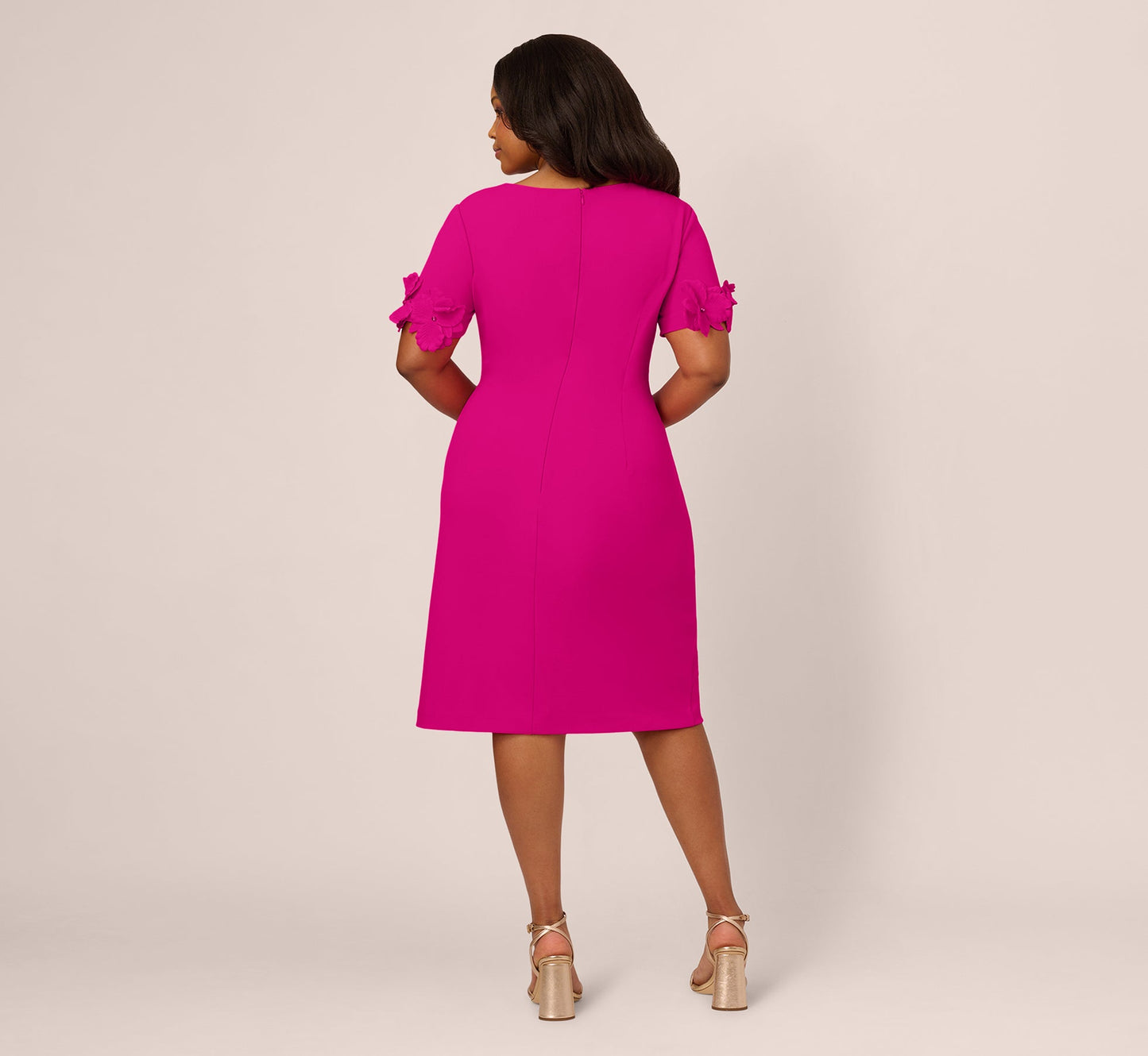 Plus Size Crepe Faux Wrap Sheath Dress With Floral Accent Short Sleeves In Pink Flambe