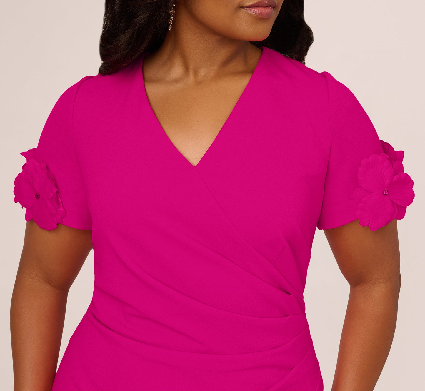 Plus Size Crepe Faux Wrap Sheath Dress With Floral Accent Short Sleeves In Pink Flambe