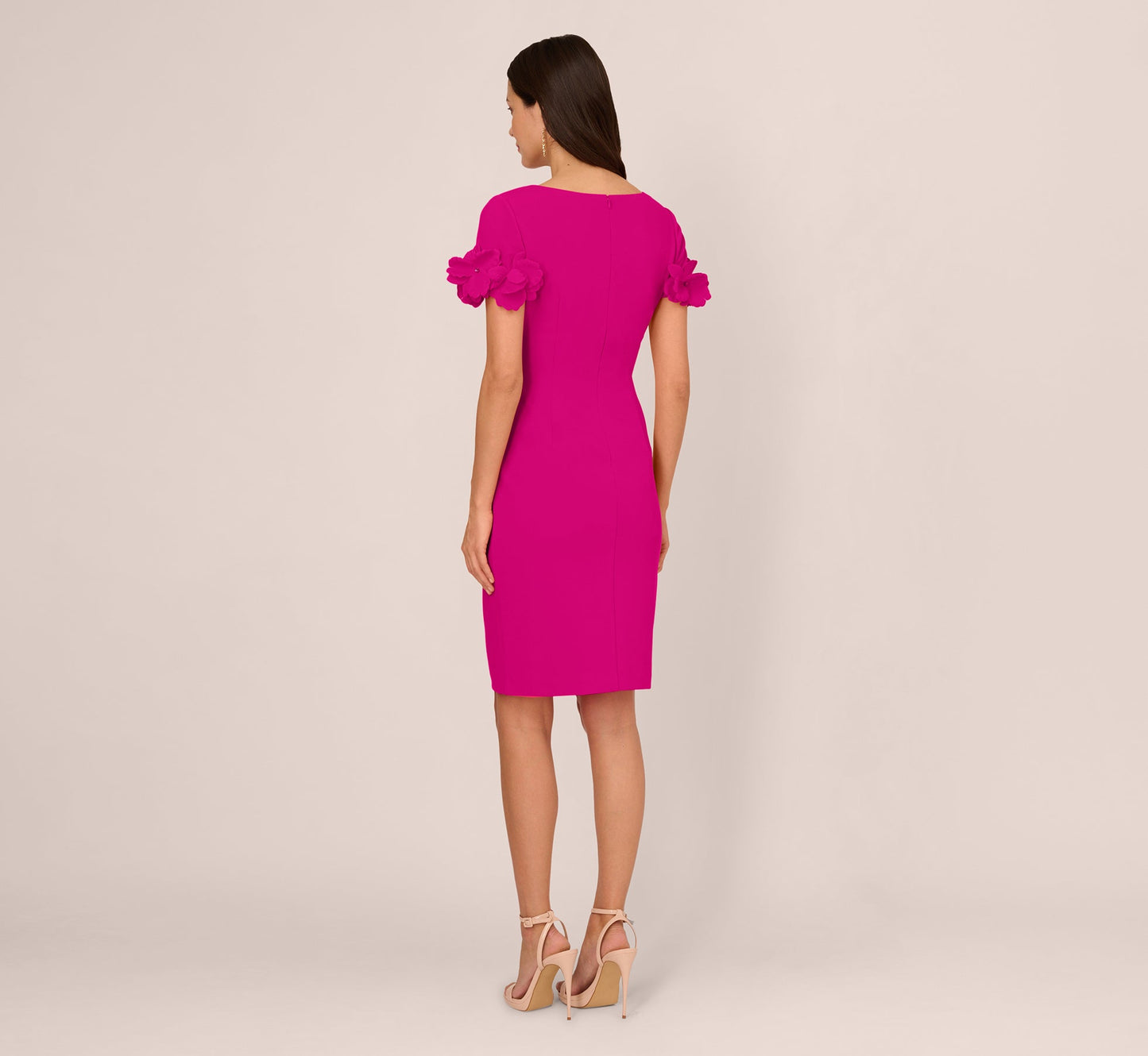 Crepe Faux Wrap Sheath Dress With Floral Accent Short Sleeves In Pink Flambe