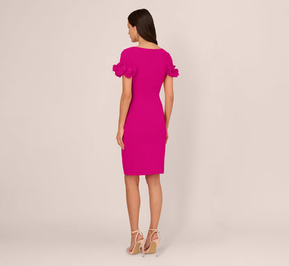 Crepe Faux Wrap Sheath Dress With Floral Accent Short Sleeves In Pink Flambe