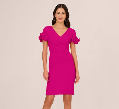 Crepe Faux Wrap Sheath Dress With Floral Accent Short Sleeves In Pink Flambe