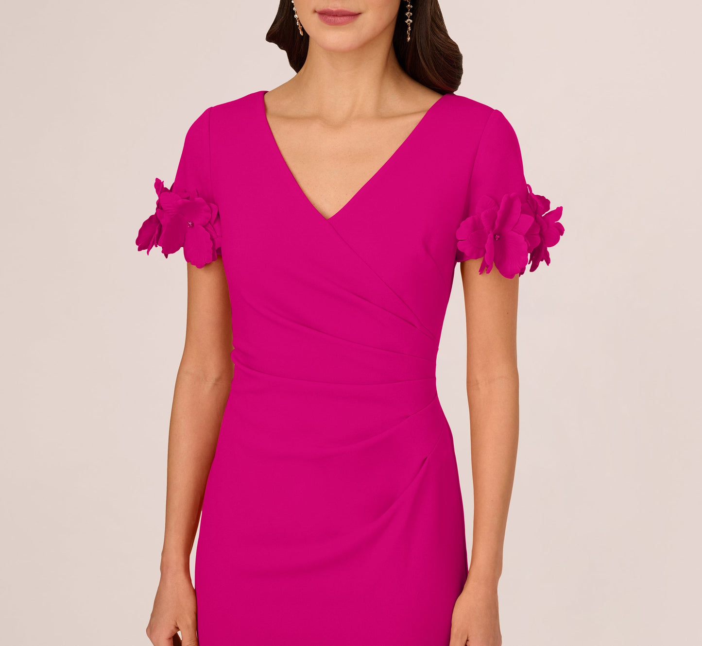 Crepe Faux Wrap Sheath Dress With Floral Accent Short Sleeves In Pink Flambe