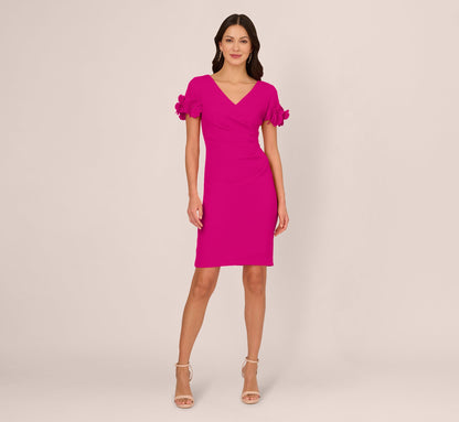 Crepe Faux Wrap Sheath Dress With Floral Accent Short Sleeves In Pink Flambe