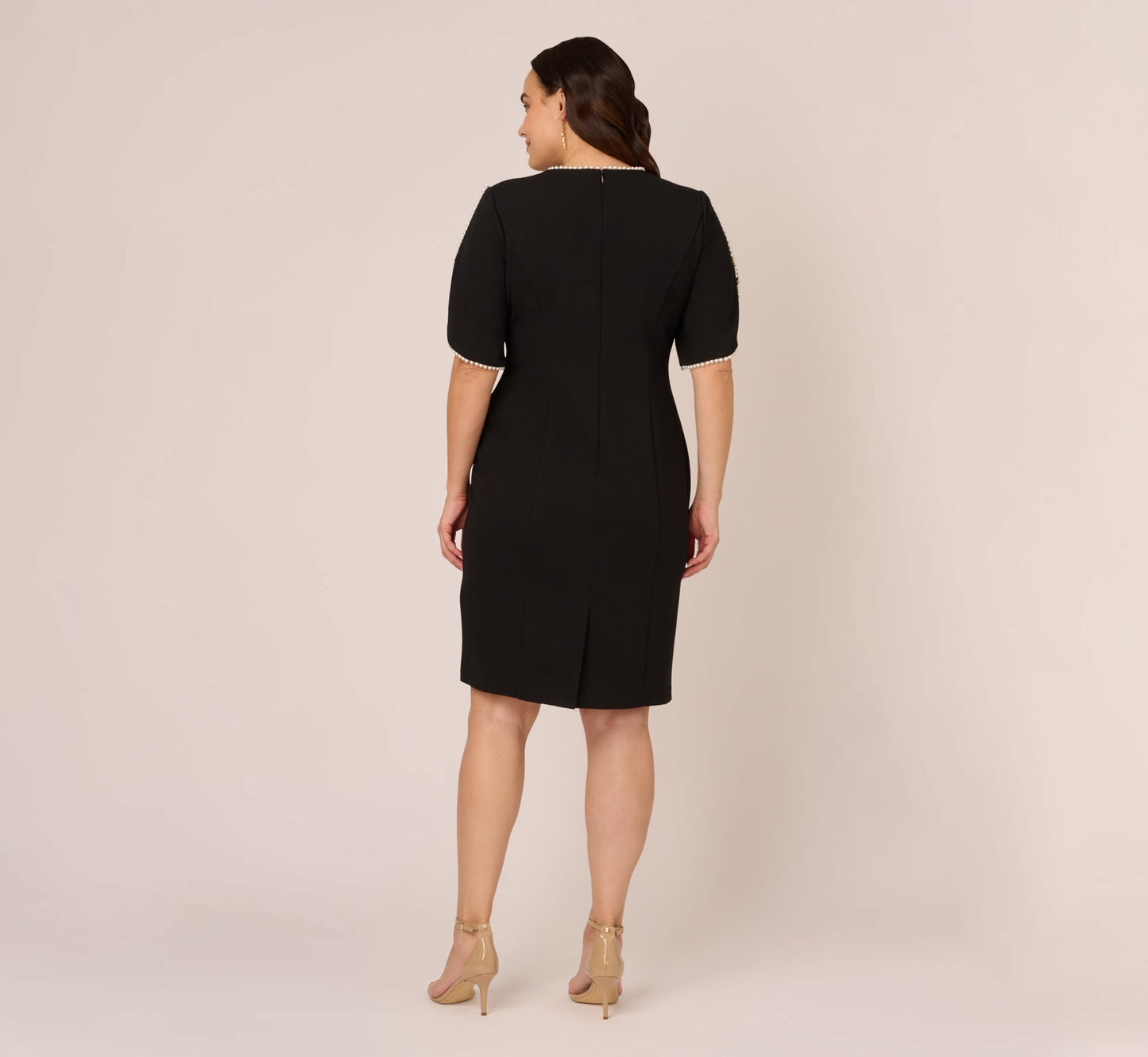 Plus Size Crepe Midi Length Sheath Dress With Pearly Trim In Black