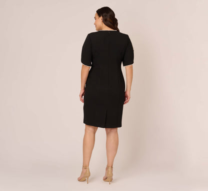 Plus Size Crepe Midi Length Sheath Dress With Pearly Trim In Black